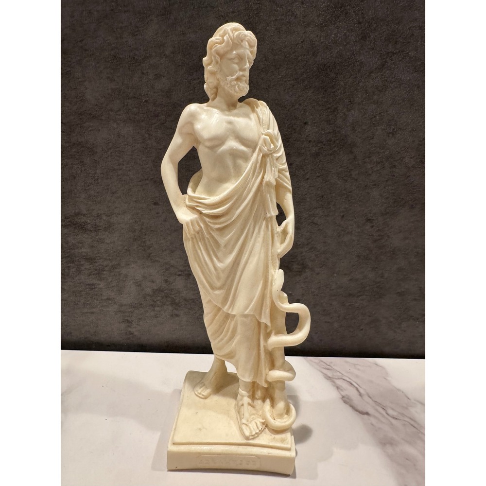 Asclepius Greek God of Medicine Statue Alabaster Resin Figurine 8.5 Inch Cream